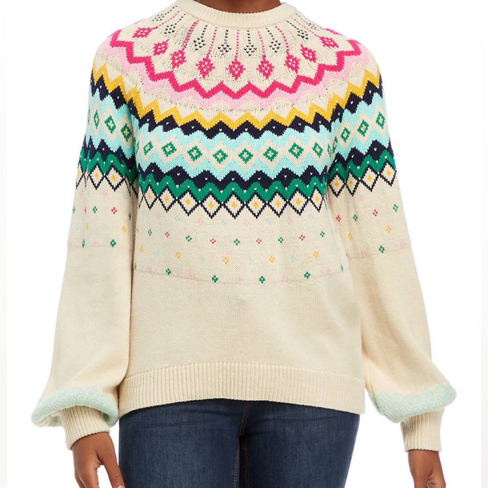 Crown & Ivy Cream Fair Isle Crew Neck Sweater Size M Long Sleeves Colorful Warm - Picture 8 of 8